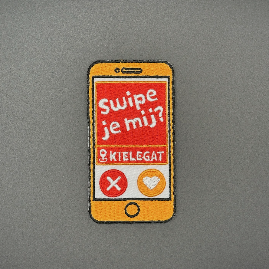 Embleem van telefoon met text: "Swipe je mij?"